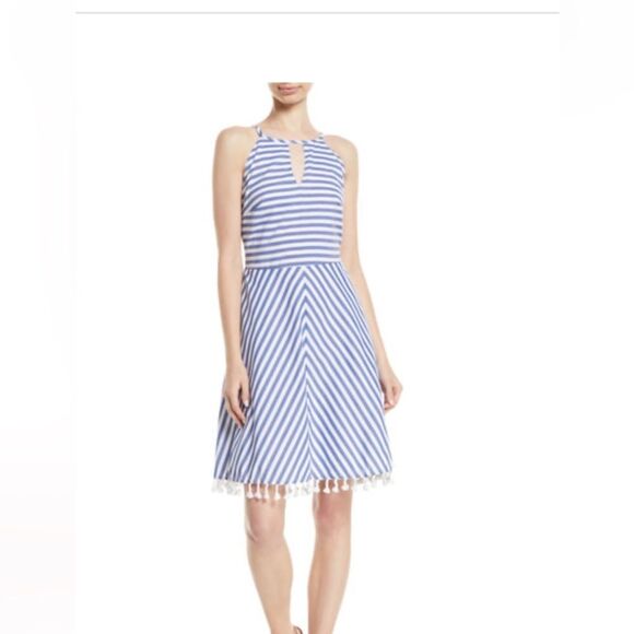 LETARTE High-Neck Striped Cotton Halter Dress w/ Tassel Hem - Picture 1 of 7
